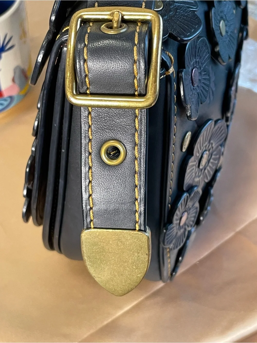Coach 1941 Camellia Tea Rose Saddle Floral Appliqué Crossbody in Black & Plum